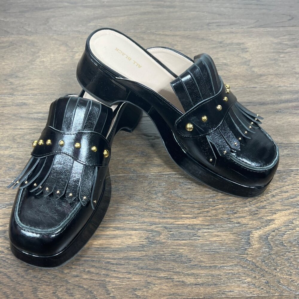ALL BLACK FOOTWEAR Kiltie Stud Mule Black Leather Sz 40 US Sz 9.5 EUC - Picture 2 of 10
